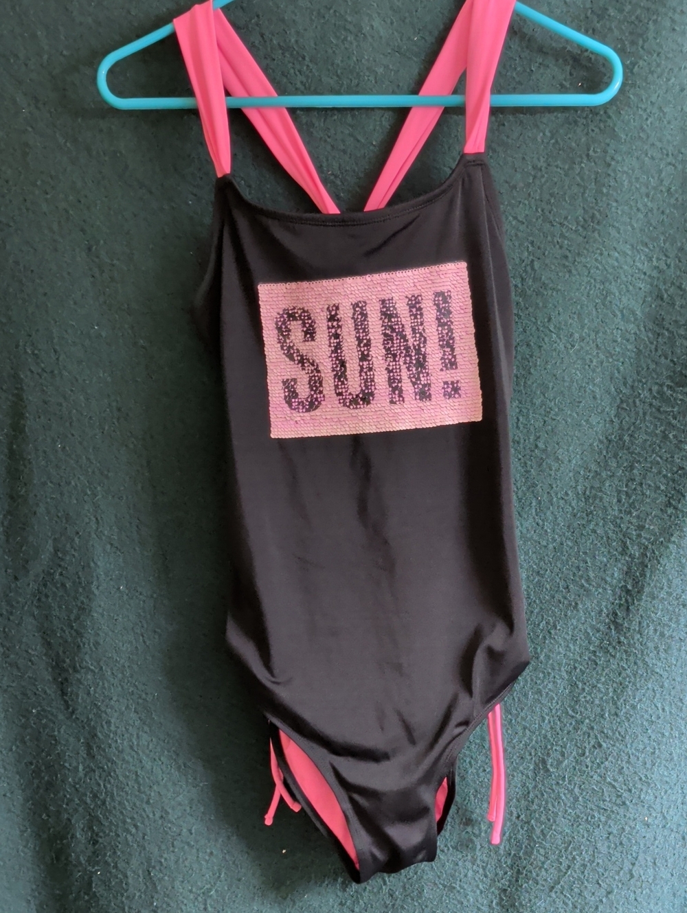 Justice Black & Pink Sequin 'SUN!' One-Piece Swim